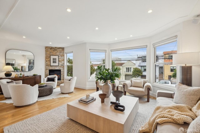 living room featuring a fireplace and light wood-type flooring