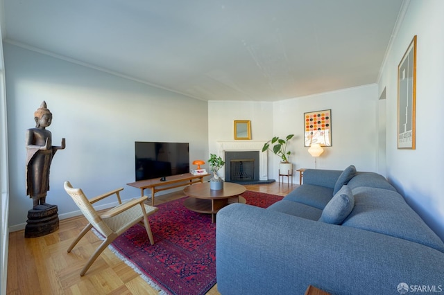 living room with crown molding and parquet flooring