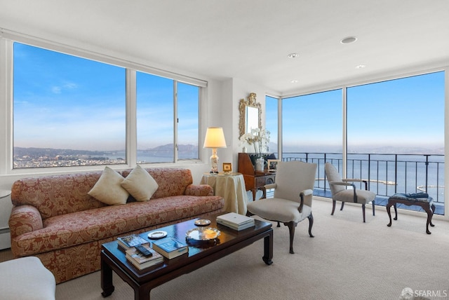 carpeted living room featuring a baseboard heating unit, a water view, a wall of windows, and a healthy amount of sunlight