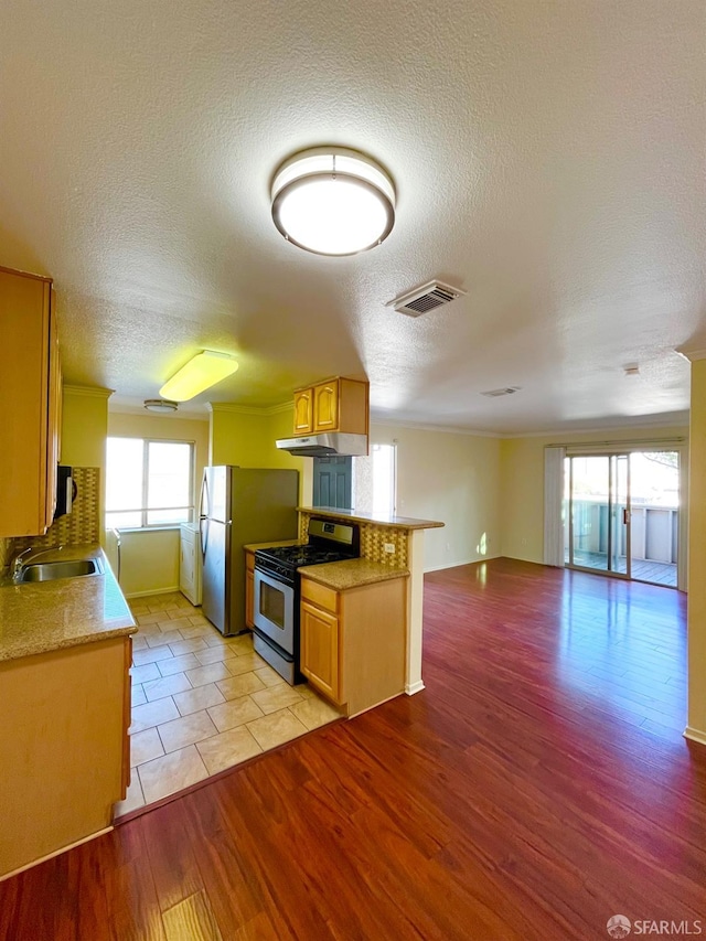 kitchen with sink, light wood-type flooring, a textured ceiling, and appliances with stainless steel finishes