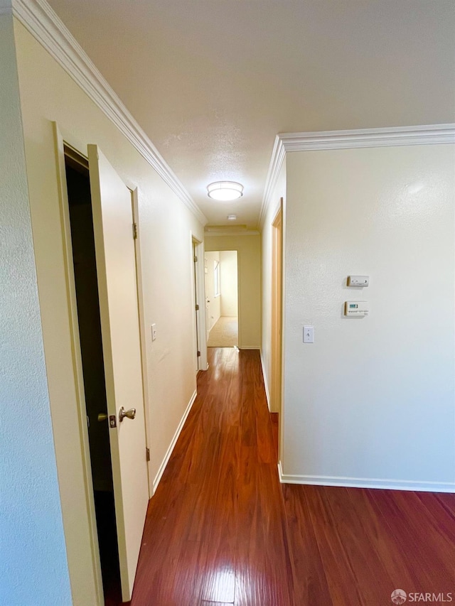 hallway with hardwood / wood-style flooring and ornamental molding