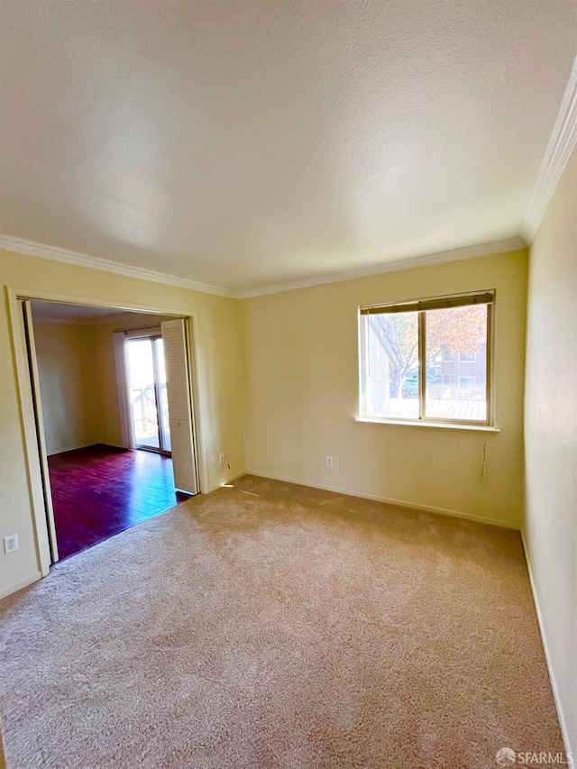 carpeted empty room with a textured ceiling and crown molding