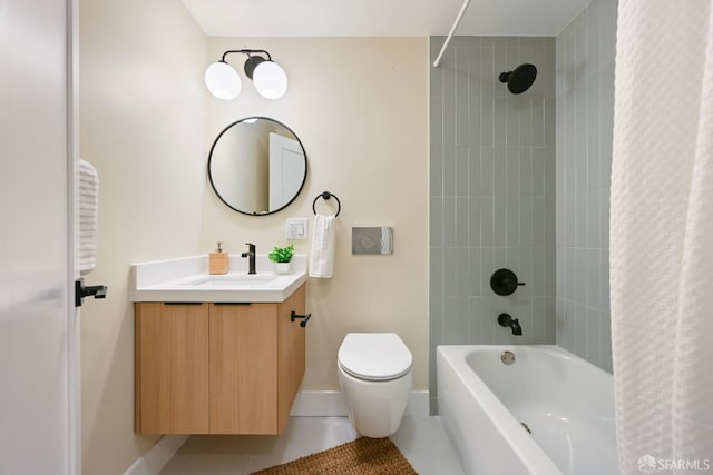 full bathroom with shower / bath combination with curtain, toilet, vanity, tile patterned flooring, and baseboards