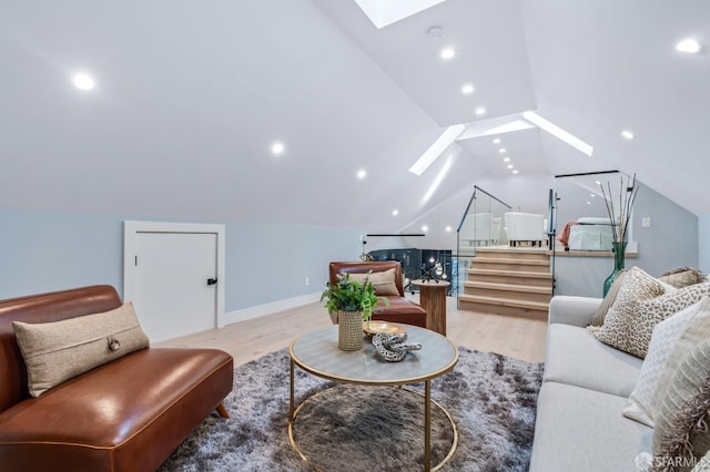 65 San Pablo Ave, San Francisco, CA 94127 - living room with baseboards, recessed lighting, vaulted ceiling with skylight, stairs, and wood finished floors