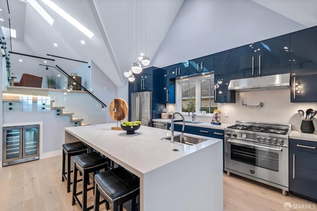65 San Pablo Ave, San Francisco, CA 94127 - kitchen with high end appliances, under cabinet range hood, a skylight, high vaulted ceiling, and blue cabinets