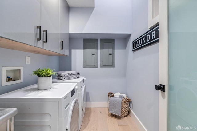 65 San Pablo Ave, San Francisco, CA 94127 - washroom with baseboards, electric panel, washing machine and dryer, light wood-style floors, and cabinet space