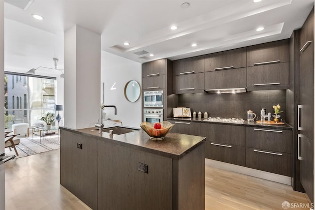 kitchen featuring stainless steel appliances, extractor fan, a sink, and modern cabinets