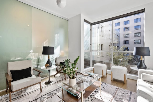 living area featuring a wall of windows and wood finished floors