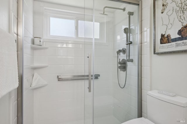 bathroom featuring toilet and a shower stall