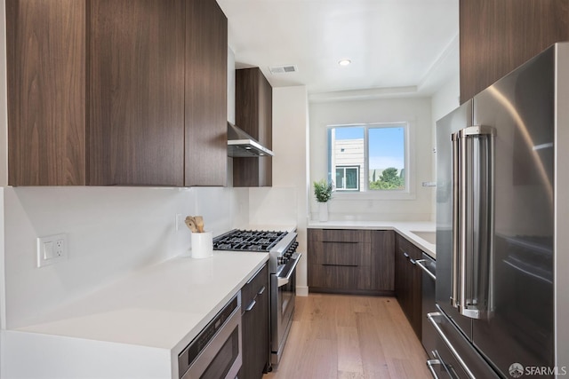 kitchen featuring premium appliances, modern cabinets, light wood-style flooring, light countertops, and recessed lighting