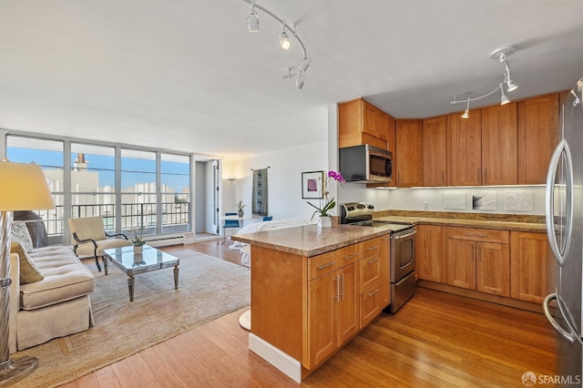 kitchen with stainless steel appliances, expansive windows, kitchen peninsula, and light hardwood / wood-style flooring