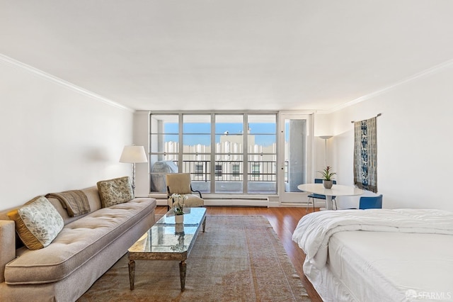 bedroom with crown molding, hardwood / wood-style floors, access to exterior, and a baseboard radiator