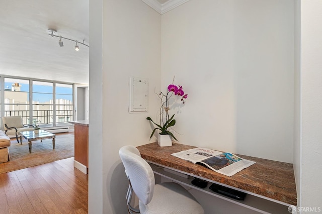 home office with a wall of windows, ornamental molding, rail lighting, and wood-type flooring