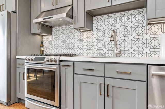 kitchen featuring decorative backsplash, appliances with stainless steel finishes, light wood-type flooring, and gray cabinets