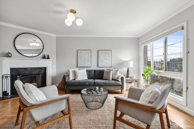 living room featuring light parquet floors and ornamental molding