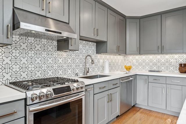 kitchen with gray cabinetry, sink, appliances with stainless steel finishes, tasteful backsplash, and light hardwood / wood-style floors