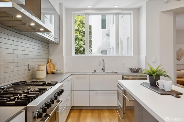 kitchen featuring light hardwood / wood-style floors, sink, ventilation hood, white cabinetry, and backsplash