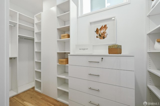 walk in closet with light hardwood / wood-style flooring