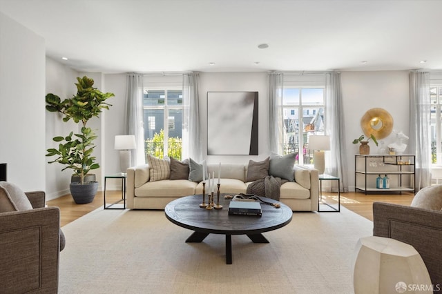 living room with plenty of natural light and light hardwood / wood-style floors