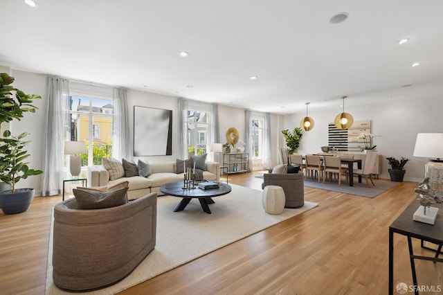 living room with light hardwood / wood-style flooring and a healthy amount of sunlight