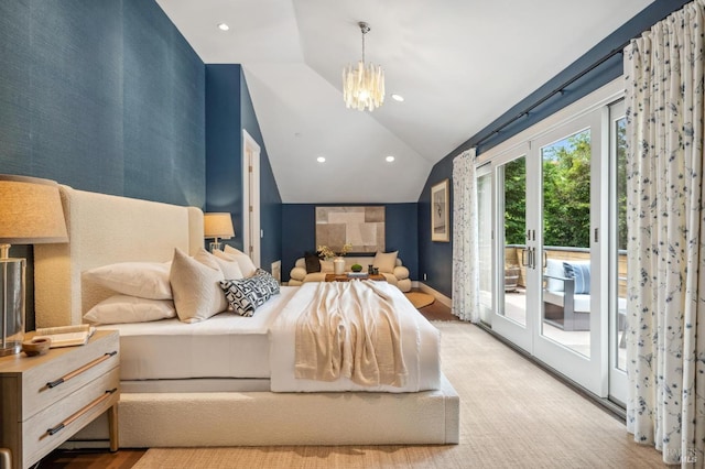 bedroom with access to outside, a notable chandelier, french doors, recessed lighting, and lofted ceiling