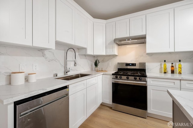 830 47th St, Emeryville, CA 94608 - kitchen featuring appliances with stainless steel finishes, range hood, a sink, white cabinetry, and decorative backsplash