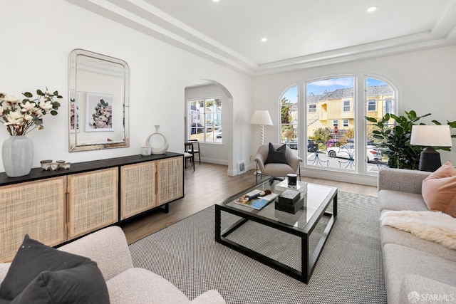 living room with arched walkways, a tray ceiling, wood finished floors, and a wealth of natural light