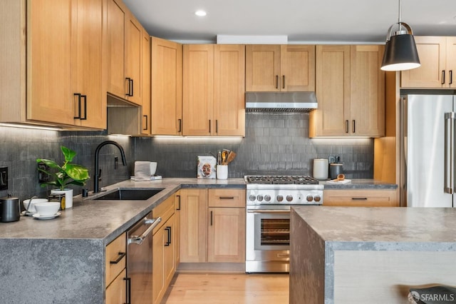 kitchen with light wood-style flooring, a sink, decorative backsplash, under cabinet range hood, and high quality appliances