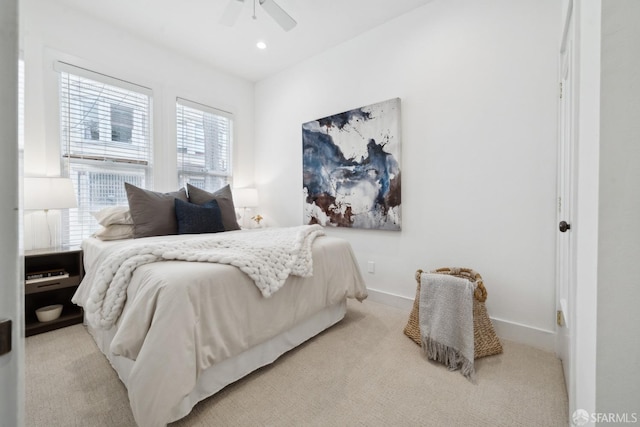 bedroom with carpet floors, ceiling fan, baseboards, and recessed lighting