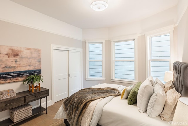 bedroom featuring light wood-type flooring, multiple windows, and a closet