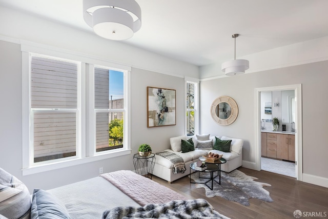 bedroom featuring ensuite bath and dark hardwood / wood-style floors