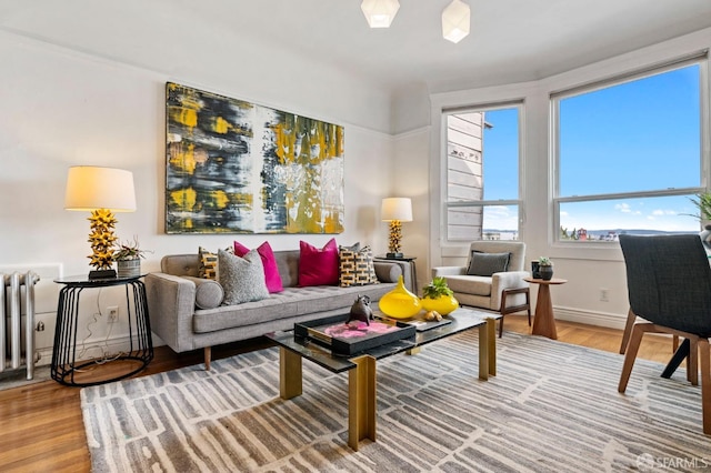 living room featuring baseboards, light wood-style flooring, and radiator heating unit