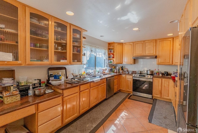 kitchen with light tile patterned floors, open shelves, recessed lighting, under cabinet range hood, and appliances with stainless steel finishes