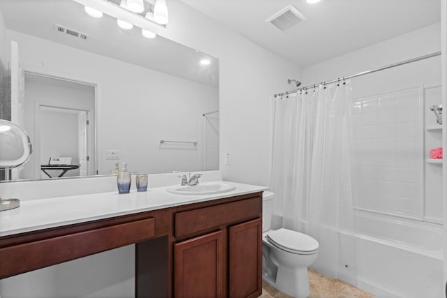 bathroom featuring visible vents, shower / tub combo with curtain, vanity, and toilet