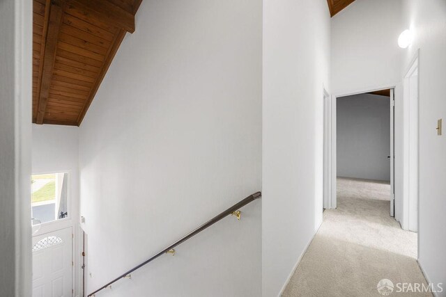 521 Ridgeview Ct, Pleasant Hill, CA 94523 - staircase featuring carpet, wooden ceiling with exposed beams, and high vaulted ceiling