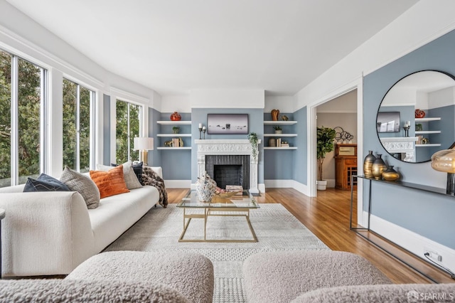 1371 16th Ave Unit 1373, San Francisco, CA 94122 - living area featuring wood finished floors, a brick fireplace, and built in features