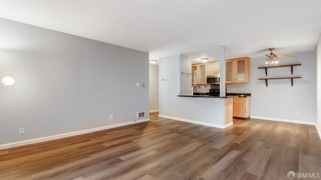 interior space with hardwood / wood-style flooring, ceiling fan, and sink