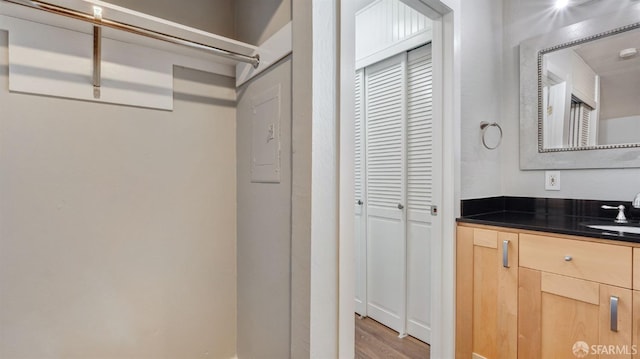 bathroom with vanity and wood-type flooring