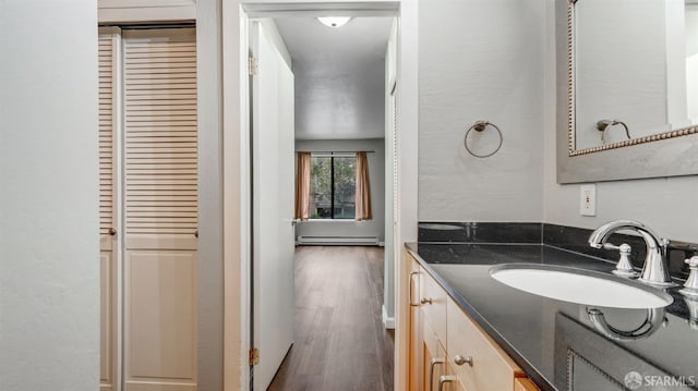 bathroom with vanity, wood-type flooring, and baseboard heating