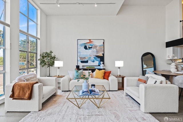 living room featuring arched walkways, rail lighting, and a towering ceiling