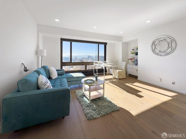 living room with wood-type flooring and built in shelves