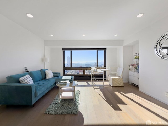 living room featuring dark hardwood / wood-style floors and a mountain view