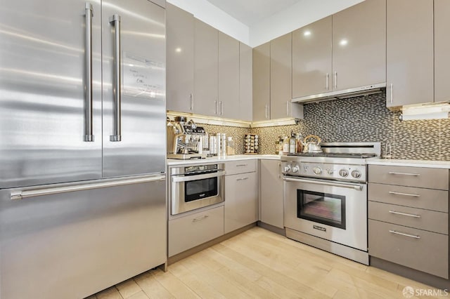 989 Sutter St Unit 2, San Francisco, CA 94109 - kitchen featuring high end appliances, gray cabinets, light countertops, and under cabinet range hood