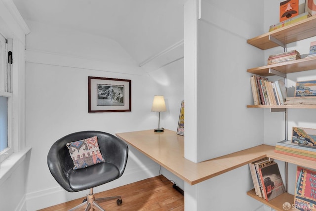 home office with vaulted ceiling