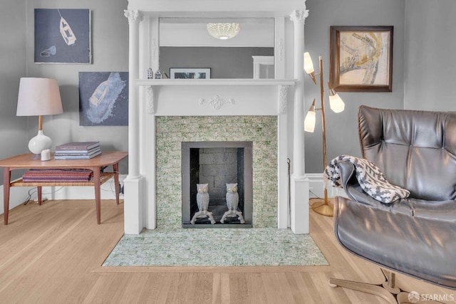 living area with a fireplace with flush hearth and wood finished floors