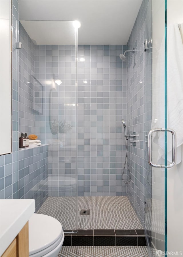 bathroom with vanity, a shower with door, and toilet