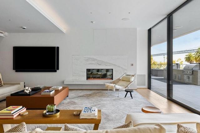 living room with a premium fireplace, hardwood / wood-style flooring, and expansive windows