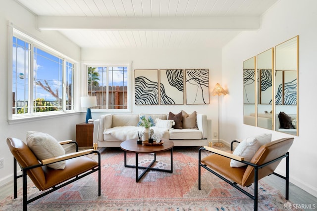 27 Nancy Dr, San Pablo, CA 94806 - living area featuring wood finished floors, baseboards, and beamed ceiling