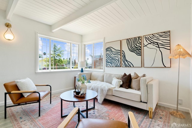 27 Nancy Dr, San Pablo, CA 94806 - living area with baseboards, wood finished floors, healthy amount of natural light, and wood ceiling with exposed beams