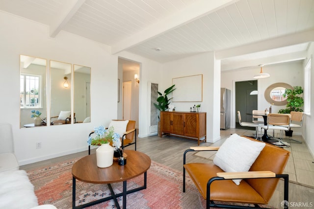 27 Nancy Dr, San Pablo, CA 94806 - living room featuring baseboards, wood finished floors, and wooden ceiling with exposed beams